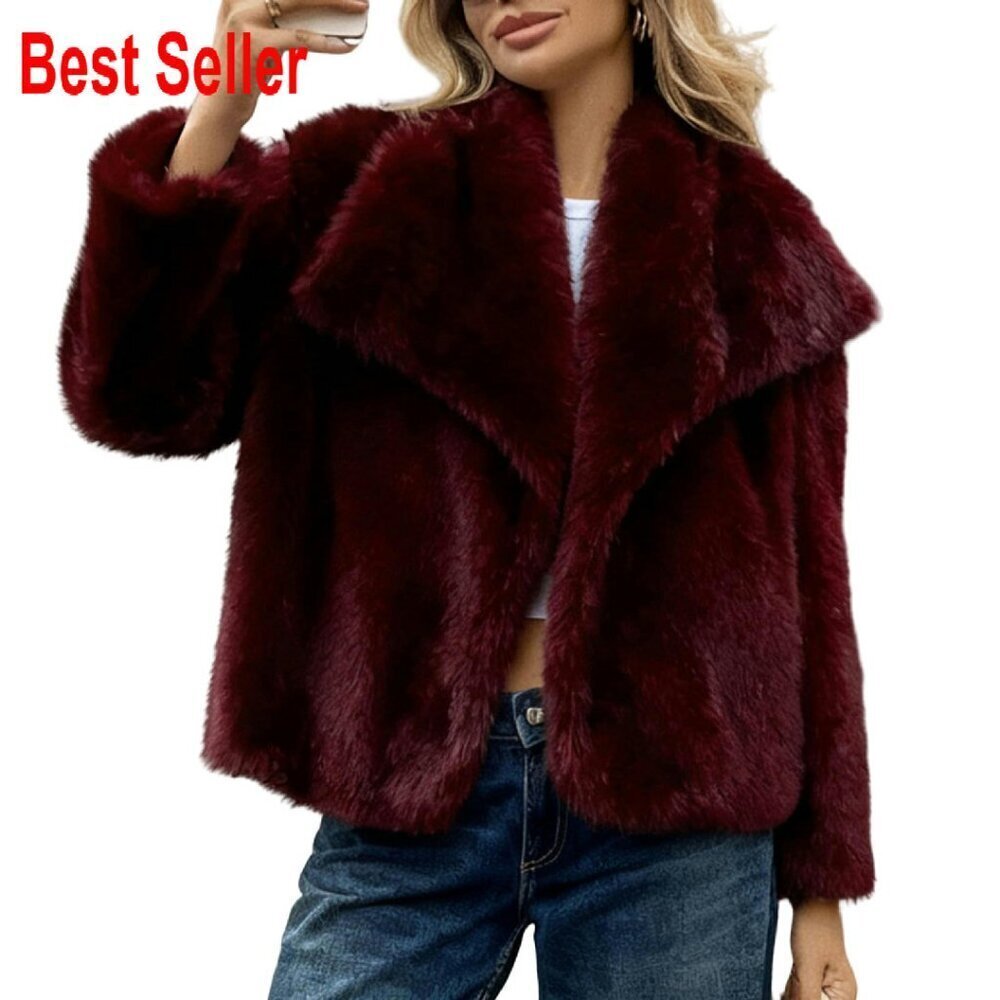 Faux Fur Coat Fluffy Shaggy Jacket Open Front Long Sleeve Winter Warm